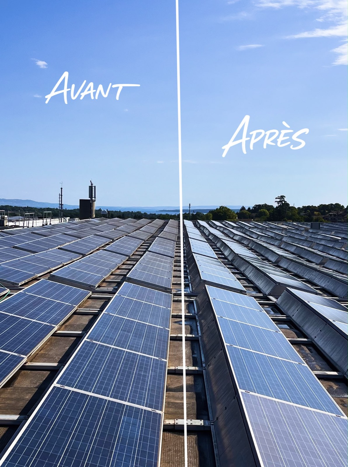 Toiture industrielle en sheds : la partie gauche montre les panneaux avant nettoyage, la partie droite après