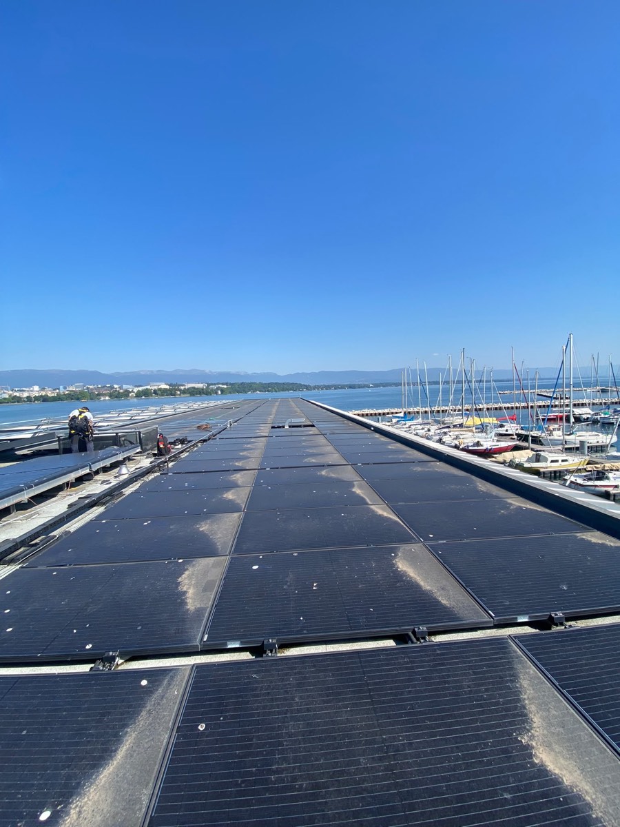 Longue rangée de panneaux photovoltaïques couverts de fientes d'oiseaux, port de plaisance et lac Léman en arrière-plan